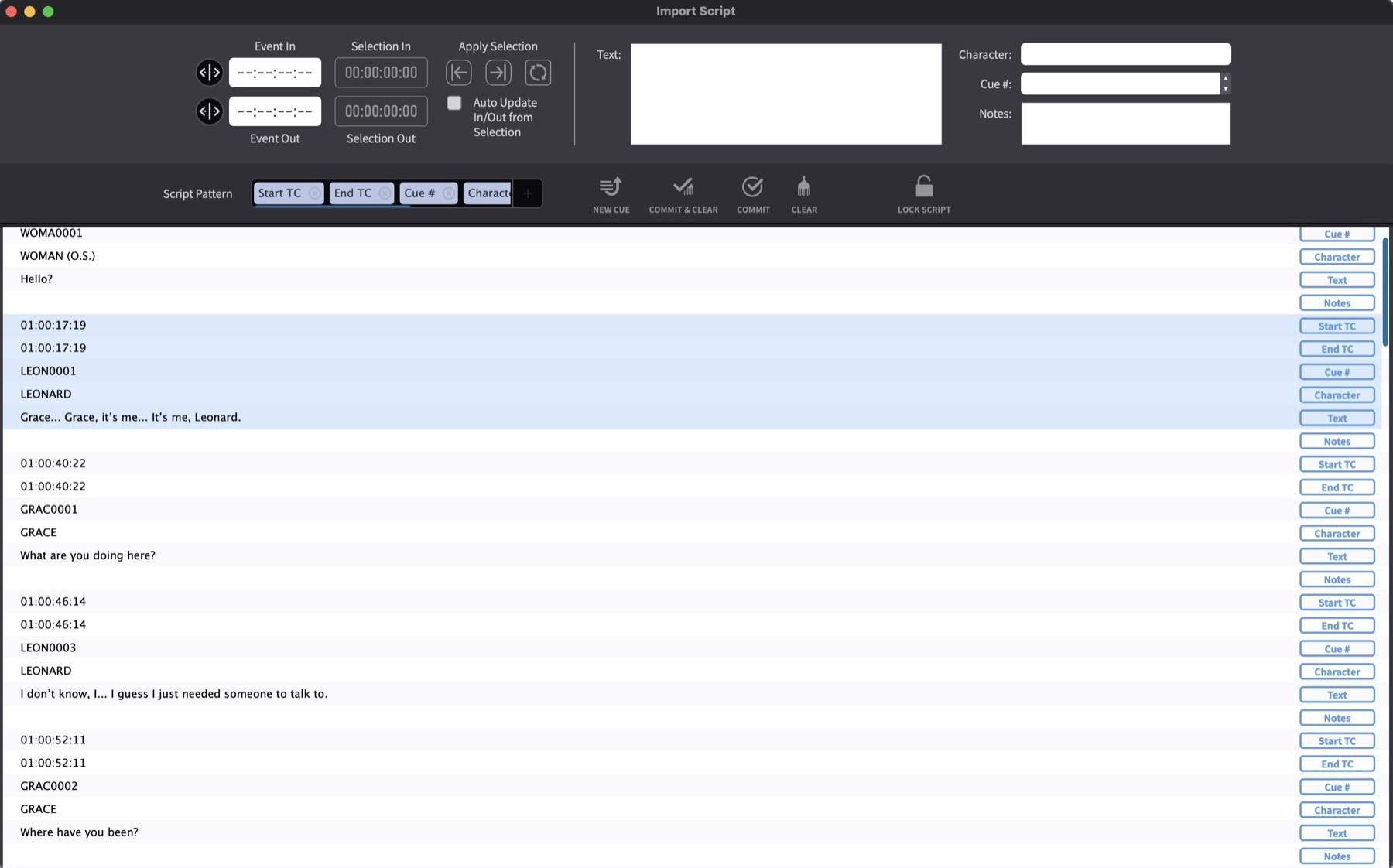 Script Import window showing repeating pattern