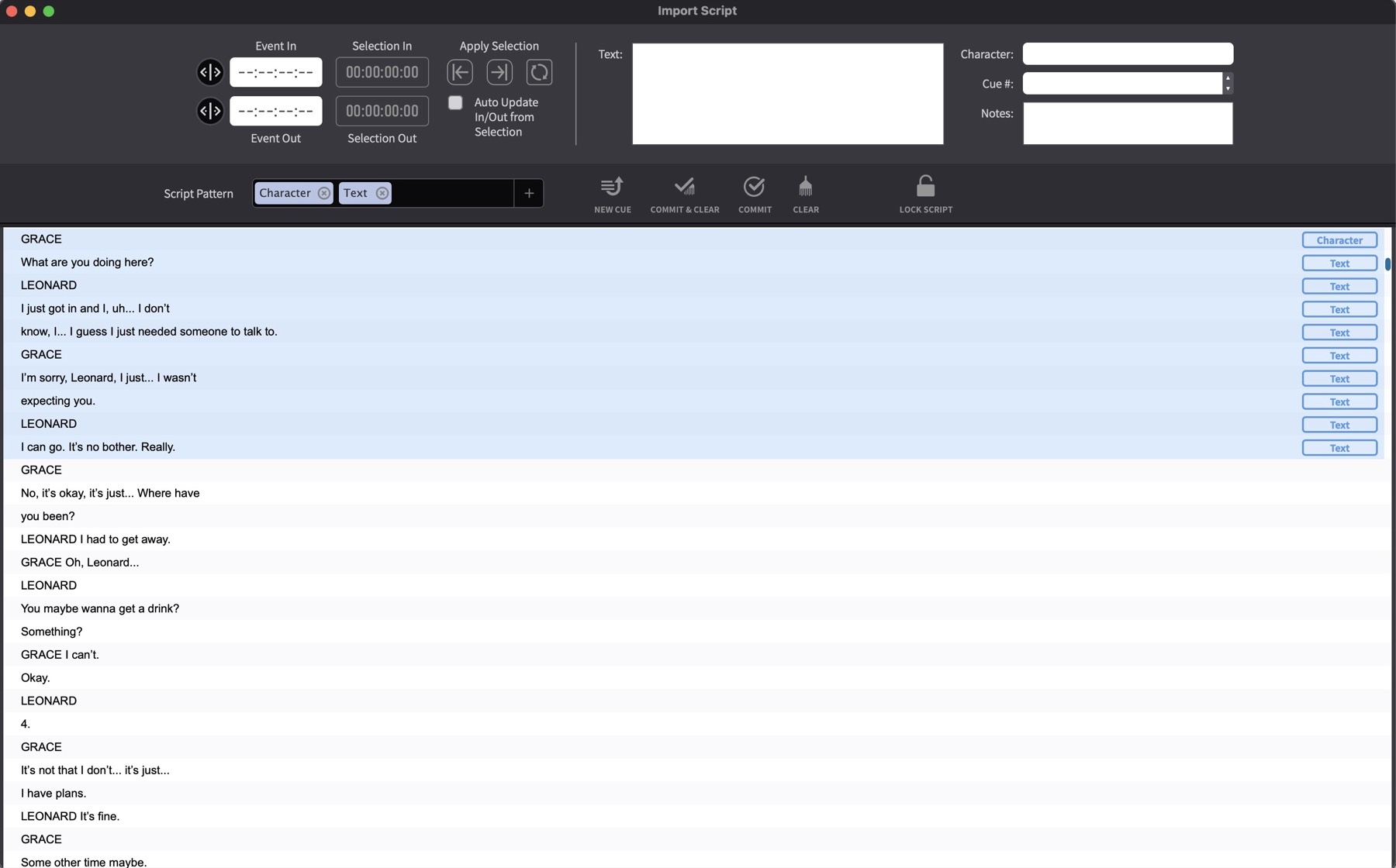 Script Import window showing repeating pattern