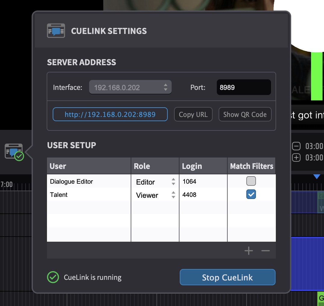 CueLink - Settings pop-up window