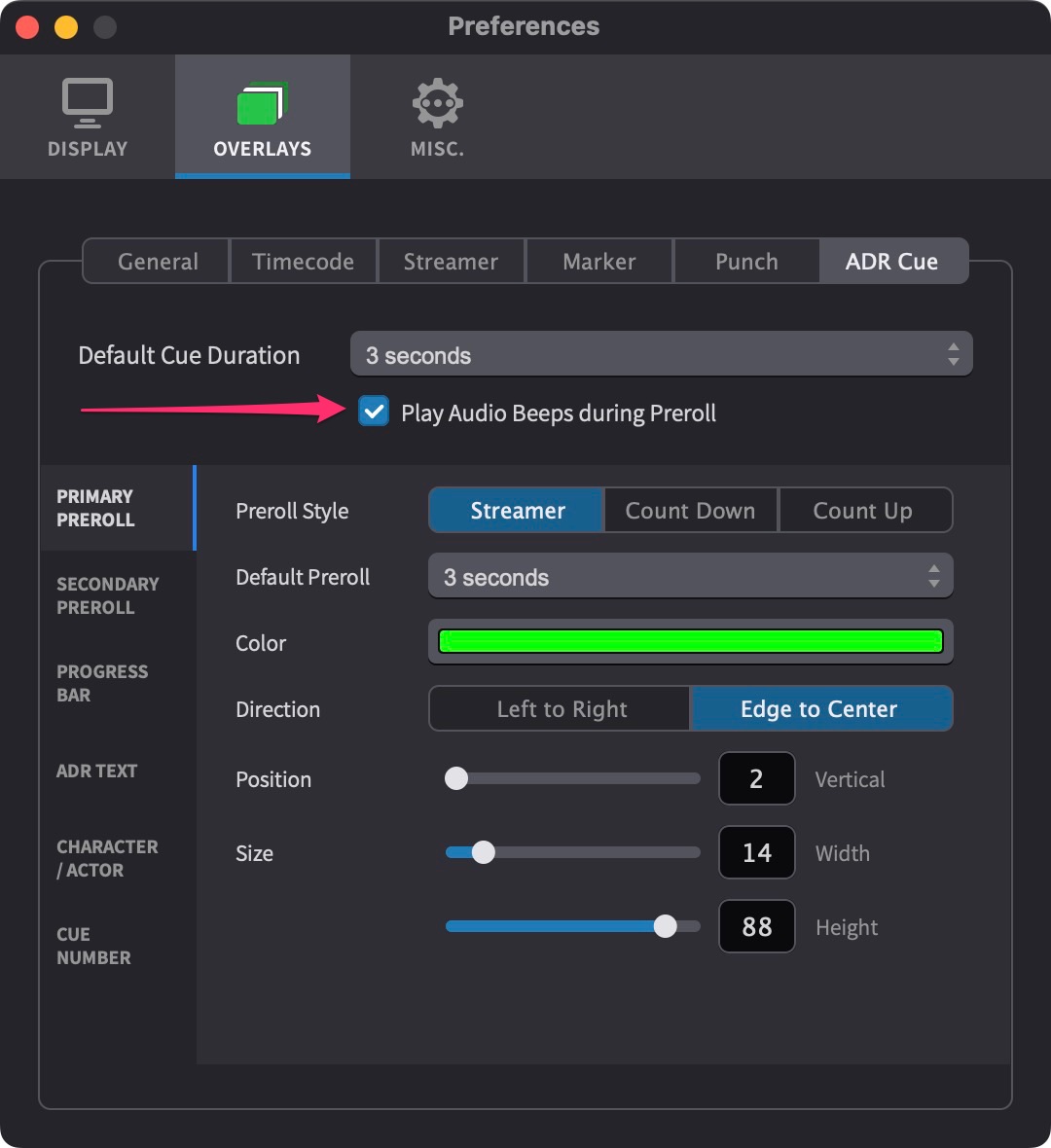 Cue Pro Play Audio Beeps during Pre-roll button