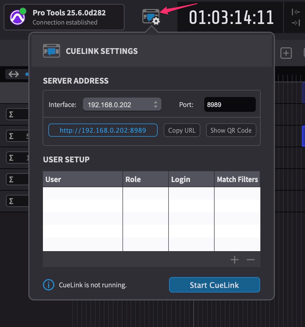 CueLink Button & CUELINK - SETTINGS panel in Cue Pro