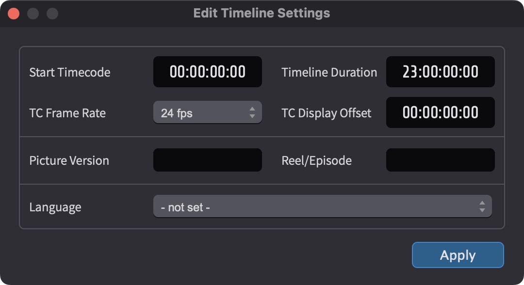 Edit Timeline Settings Window