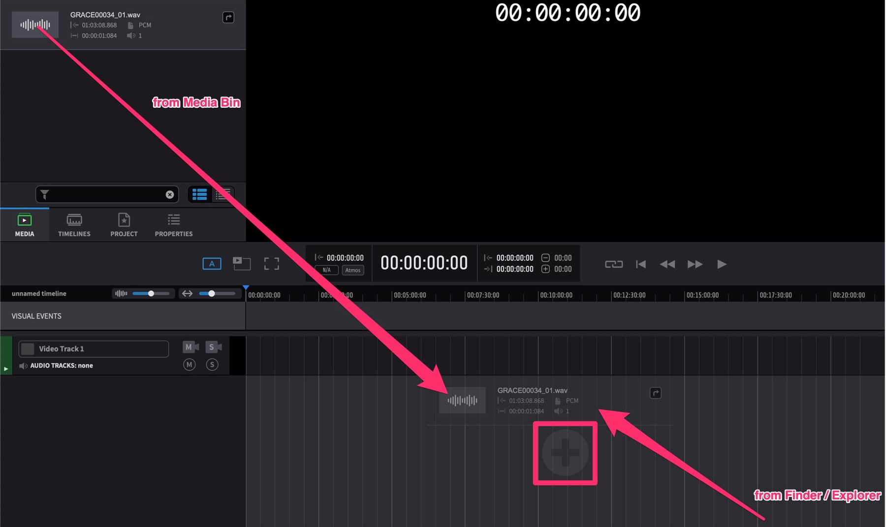 Create a new audio track by dragging media to the timeline