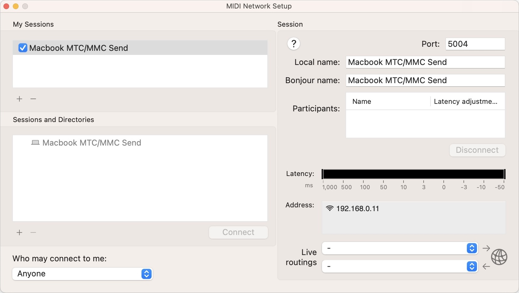 MIDI Network Setup - Send Session created