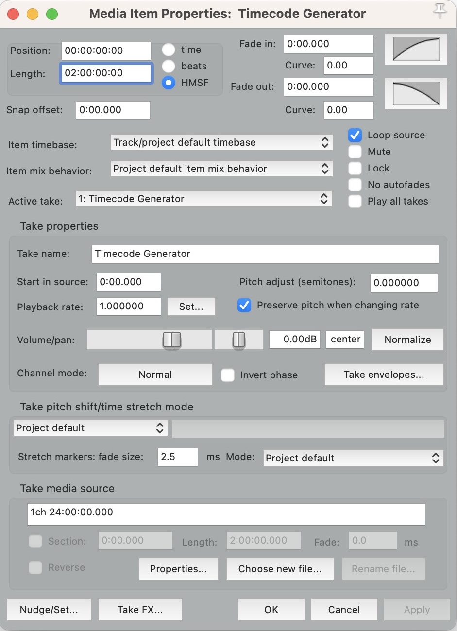 Media Item Properties: Timecode Generator window