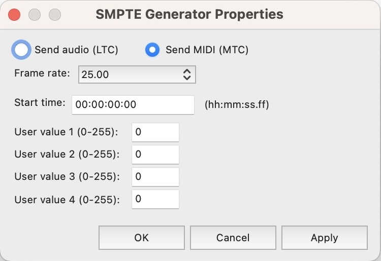 SMPTE Generator Properties window