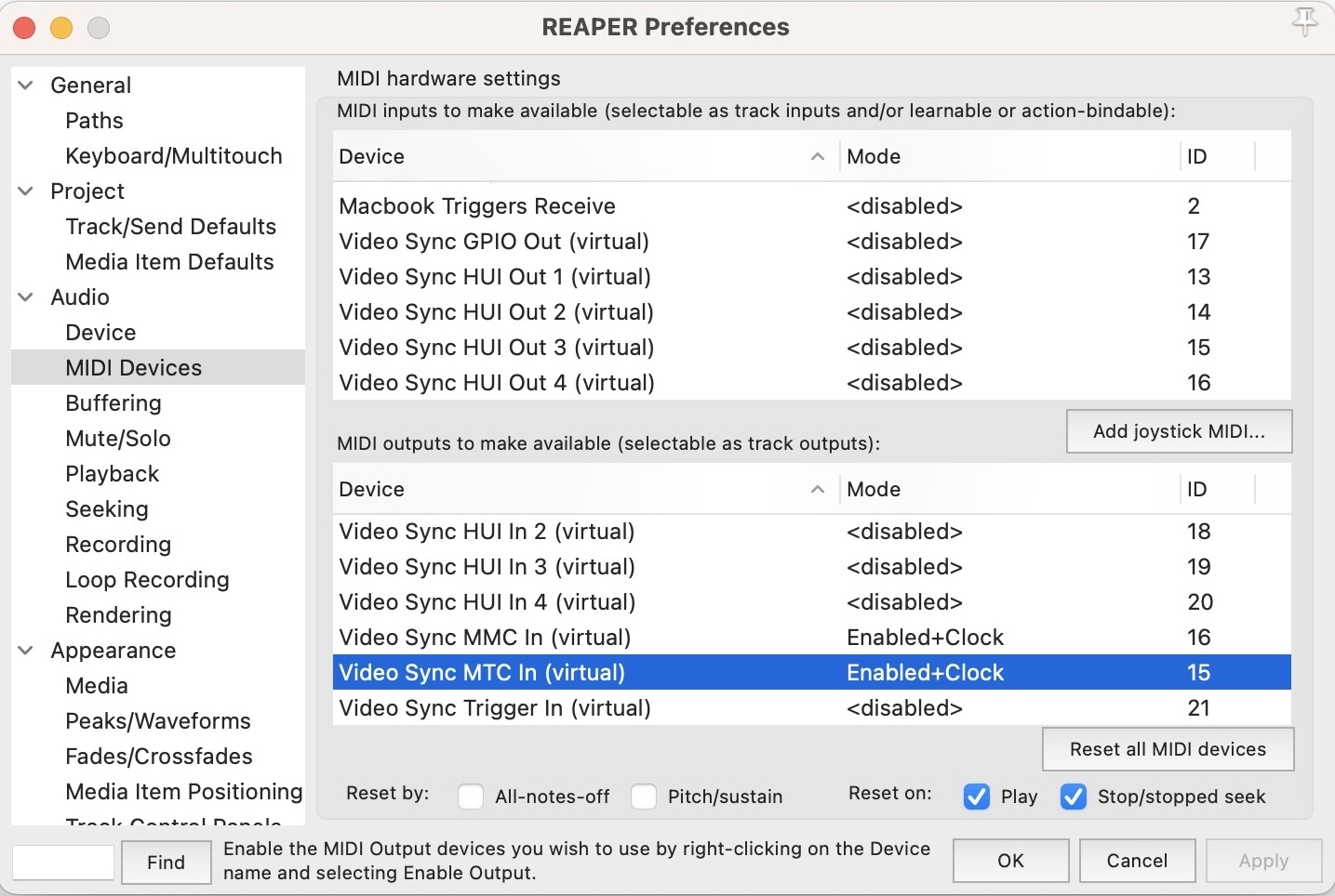 Locating Video Sync MTC In Settings