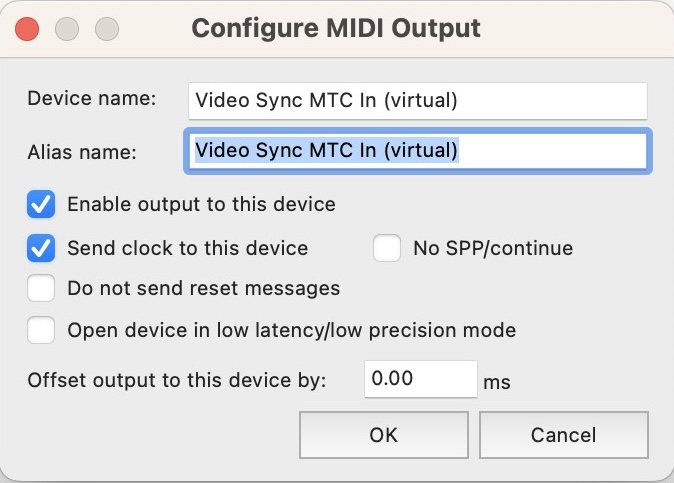 Configure MIDI Output window