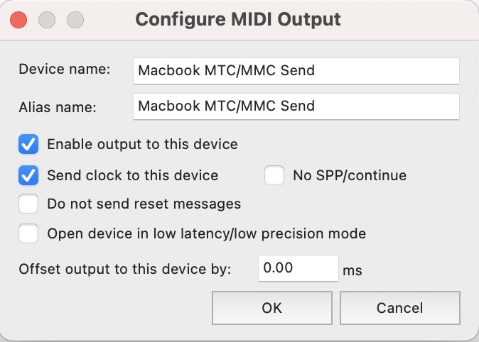 Configure MIDI Output window