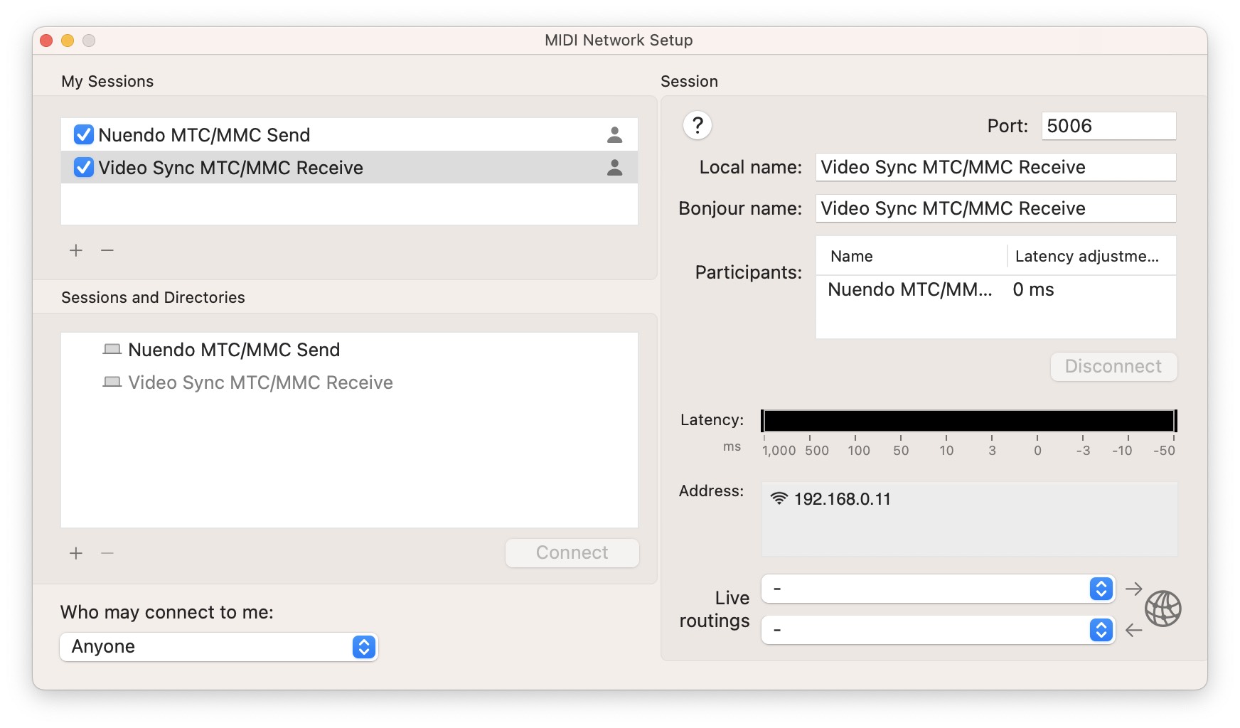 Send and receive sessions connected