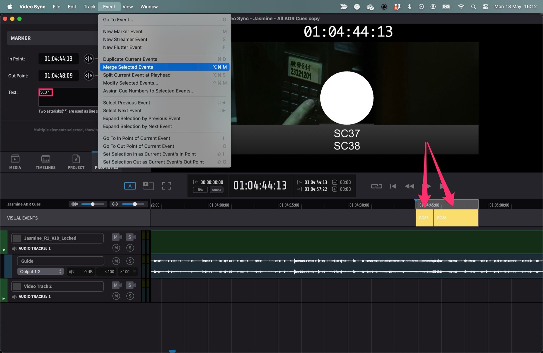 Merge two events in Video Sync - before