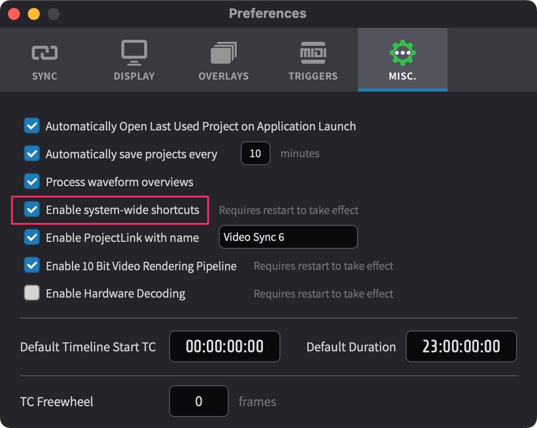 MISC Preferences tab
