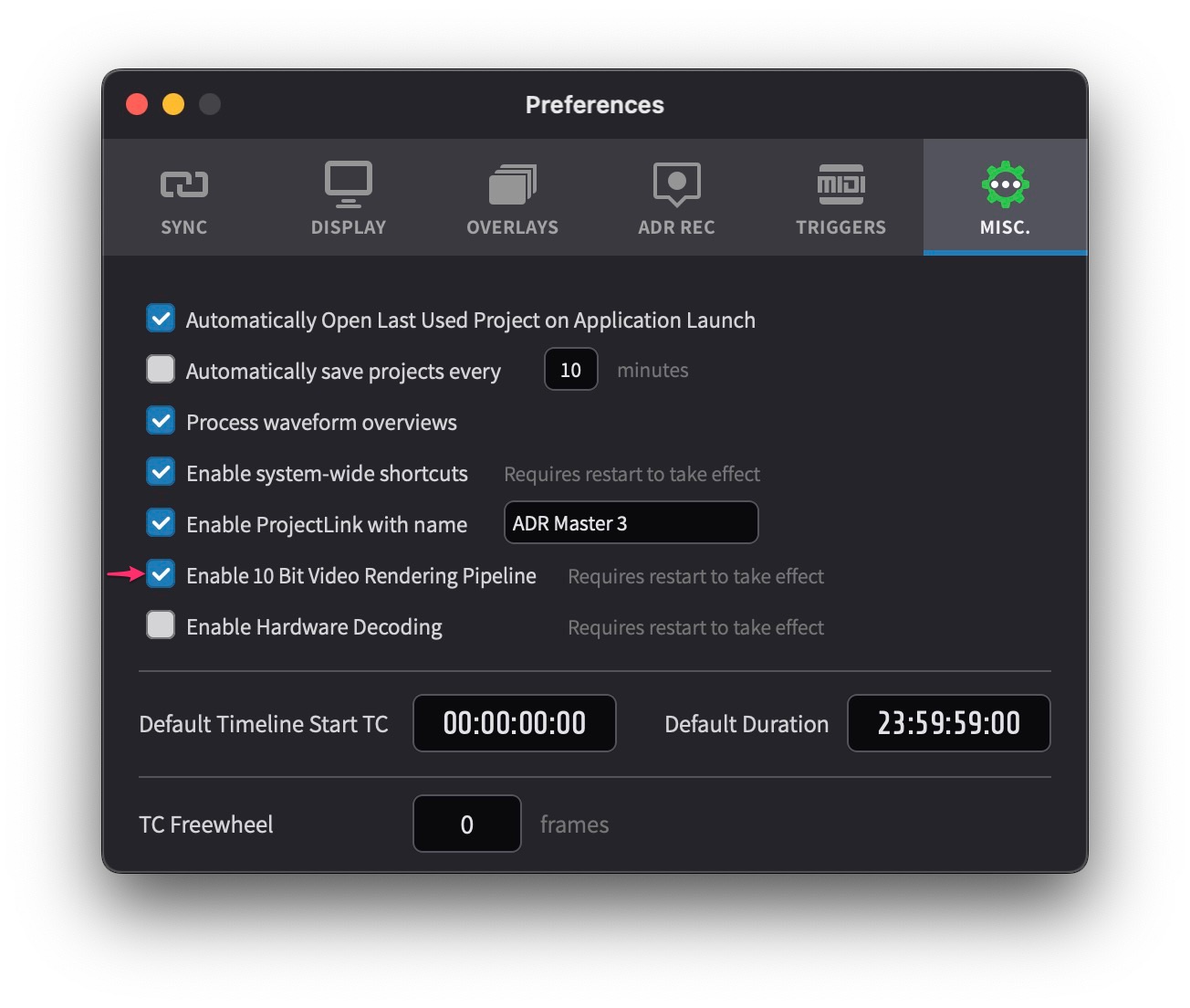 MISC Preferences - 10 Bit Video Rendering Pipeline