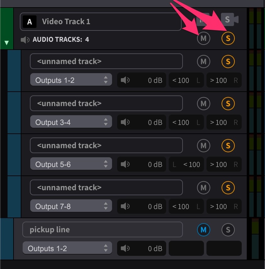 Soloing all embedded audio tracks at once