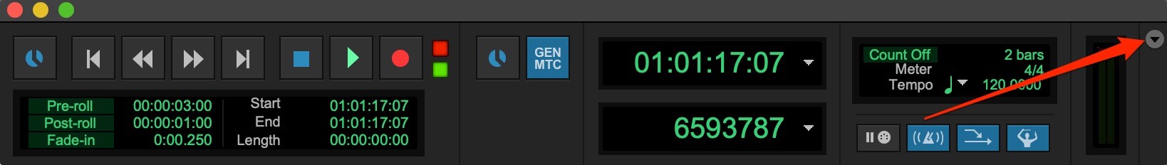Pro Tools Transport Window with Synchronization Controls