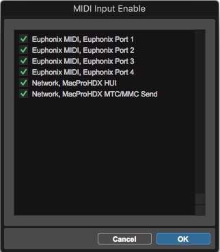 MIDI Input Enable window with new HUI network session