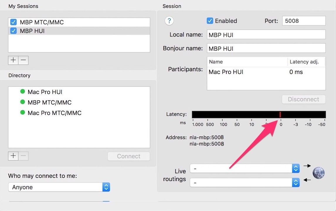Network activity in MIDI Network Setup