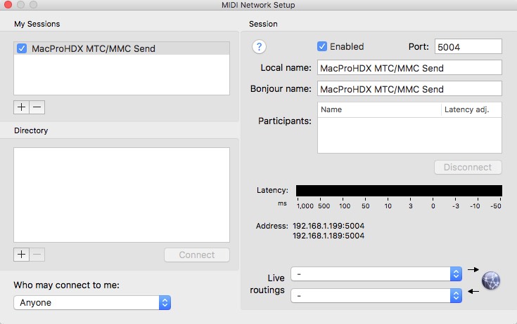 MIDI Network Setup - Send Session created