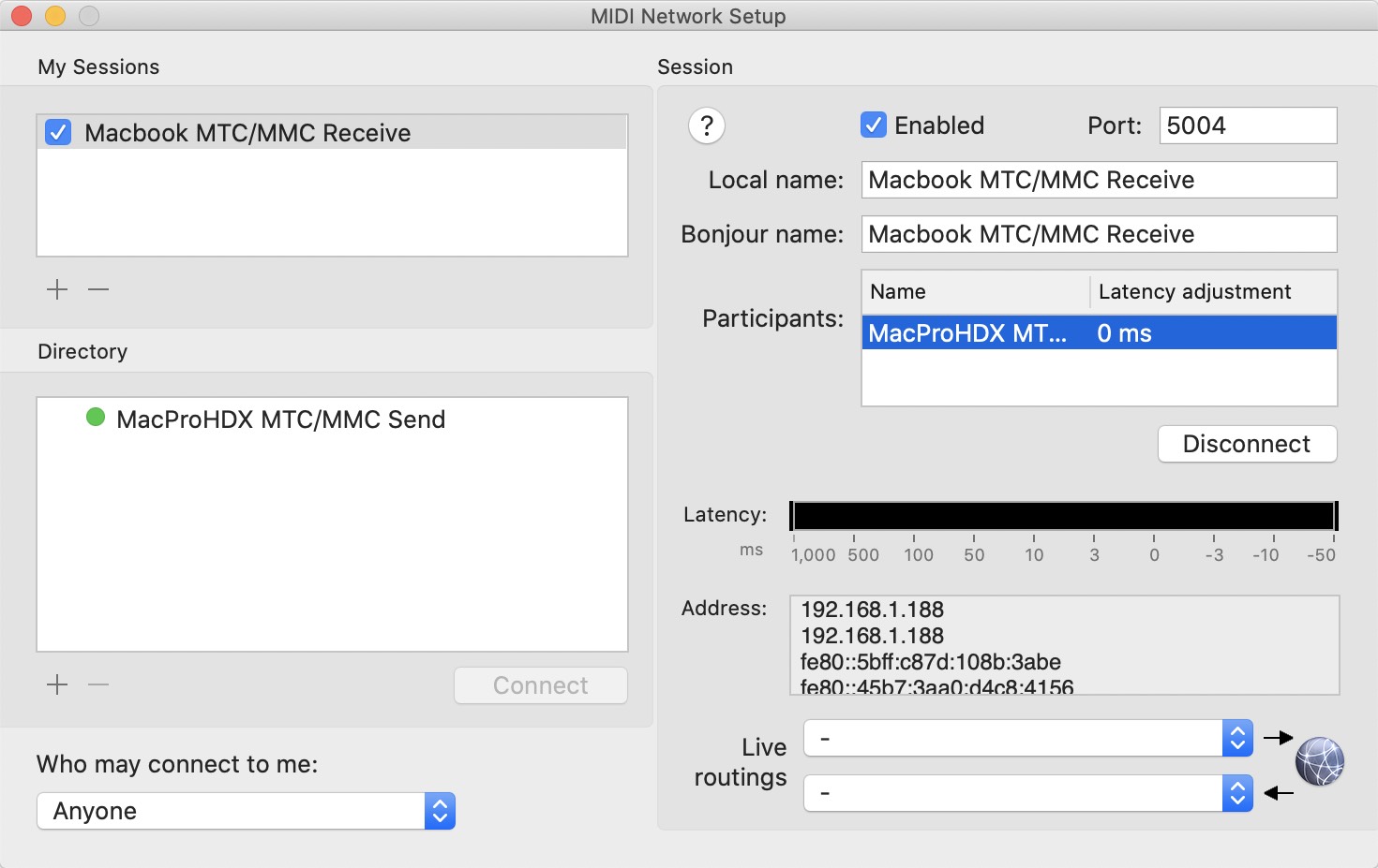 Send and receive sessions connected