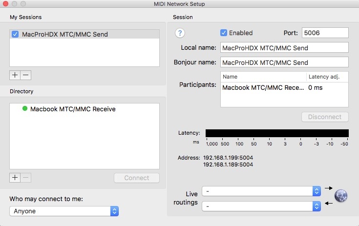 Connected sessions as seen from the other machine