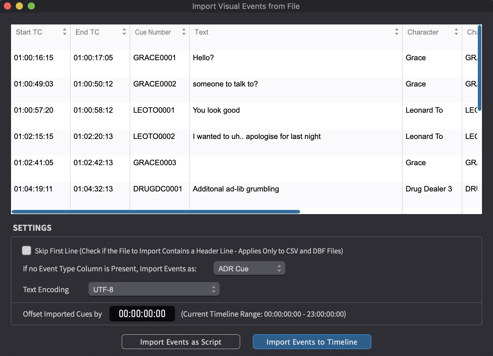 Import Visual Events window